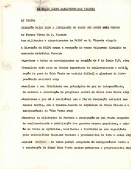 Comunicado do Secretário-Geral do PAIGC à Rádio Clube Barlavento - São Vicente