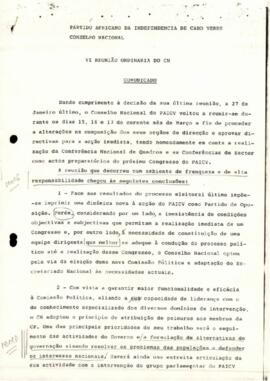 Comunicado da VI reunião da Conselho Nacional do PAICV