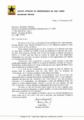 Carta do Presidente do PAICV, Comandante, Pedro Pires a Abdelsalam Debbagh, membro da Comissão das Relações Internacionais da União Socialista  das Forças Populares de Marrocos