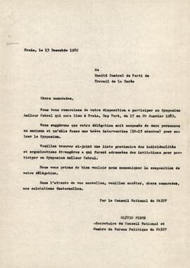 Lettre envoyée au Comité Central du Parti du Travail de la Corée, par Olívio Pires, Secrétaire du Bureau Politique du PAICV