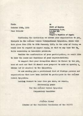 Invitation letter sent to Swapo of Namibia, by Olivio Pires, member of the Political Commission of PAICV.