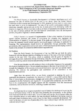 Cimeira Joanesburgo: Statement by H.E. Mr Somsavat Lengsavad , Deputy Prime Minister, Minister of Foreign Affairs Head of Delegation of the Lao Peoples Democratic Republic