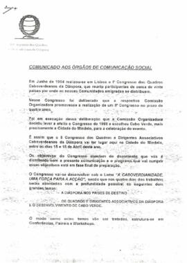 II Congresso dos Quadros Caboverdianos da Diáspora: Comunicado aos Órgãos de Comunicação Social, do Presidente da comissão organizadora, Lucas Filipe da Cruz