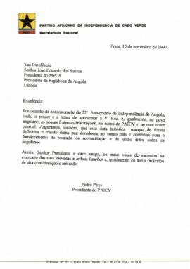 Carta do Presidente do PAICV ao Presidente da República de Angola, José Eduardo dos Santos
