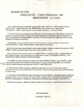 Mensagem da Associação Cabo-verdiana em Bridgeport, assinada por Nataniel Vicente