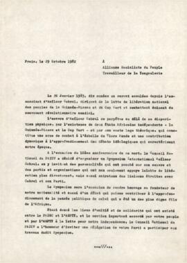 Lettre envoyée à l'Alliance Socialiste du Peuple Travailleur de la Yougoslavie, par Olivio Pires, membre du Bureau Politique du PAICV