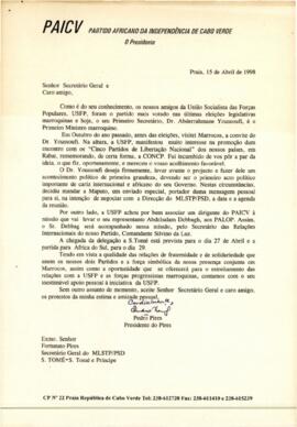 Carta do Presidente do PAICV, Comandante Pedro Pires, ao Secretário-Geral do MLSTP/PSD, de São Tomé e Príncipe, Fortunato Pires