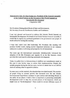 Statement by H.E. Dr Han Seung-soo, President of the General Assembly of the United Nations on The Occasion of the World Summit on Sustainable Development
