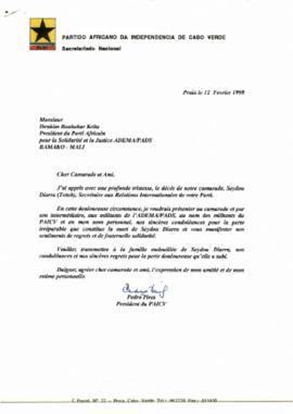 Carta do Presidente do PAICV, Comandante Pedro Pires ao Presidente do Partido Africano para  a Solidariedade e Justiça - ADEMA/PADS, Mr. Ibrahim Boubakar Keita