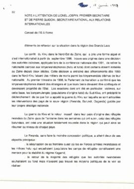 Note à l'attention de Lionel Jospen, Premier Secrétaire et de Pierre Guidoni, Secrétaire National aux Relations Internationales