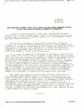 Nous Habitons la Terre, notre seule planete que nous devons remettre en etat, declare Nane Annan en prelude au sommet de Johannesburg