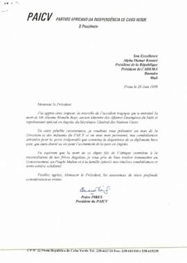 Carta do Presidente do PAICV ao Presidente da República do Mali, Mr. Alpha Oumar Konaré