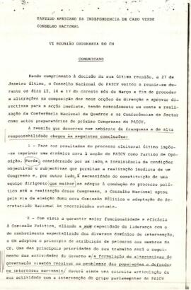 Comunicado da VI reunião ordinária do Conselho Nacional do Partido.