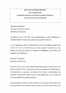 Cimeira Joanesburgo: Discours du Premier Ministre Guy Verhofstadt