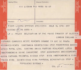 Telex dirigido à Delegação do PAIGC pela Embaixada da Argélia em Londres, felicitando pelo reconhecimento da soberania da Guiné-Bissau.