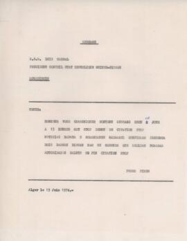 Mensagem de Pedro Pires adressée à Luis Cabral concernant la présence de deux bateaux à Bissau.