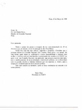 Carta do Presidente do PAICV, Comandante Pedro Pires ao Camarada José Maria Neves, membro do Conselho Nacional do PAICV