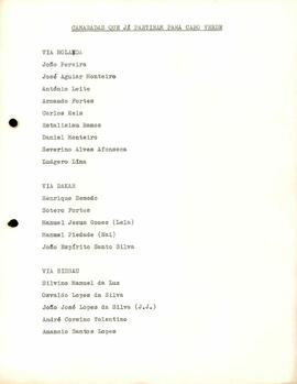 Lista de nomes de camaradas que partiram para Cabo Verde, via Holanda, Dakar e Bissau