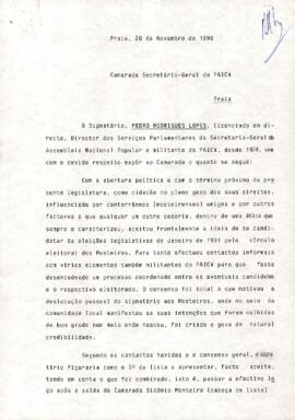 Carta endereçada ao Secretário-Geral do PAICV, por Pedro Rodrigues Lopes, Candidato às eleições legislativas de janeiro de 1991, pelo circulo eleitoral de Mosteiros