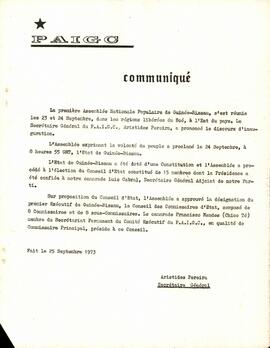 Communiqué du Secrétaire Général du PAIGC, Aristides Pereira (1973.09.25)