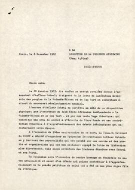 Lettre envoyée à la Direction de la Présence Africaine par Olivio Pires, membre du Bureau Politique du PAICV.