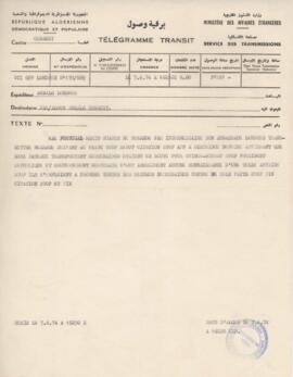 Telex concernant deux bateaux transportant des mercenaires vers la Guinée-Bissau, le 7 juin 1974