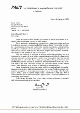 Carta do Presidente do PAICV, Comandante Pedro Pires ao Secretário Geral do PSOE -Madrid, Joaquín Almunia