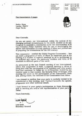 Carta do Secretário Geral da Internacional Socialista, Luís Ayala, ao líder do PAICV, Pedro Pires