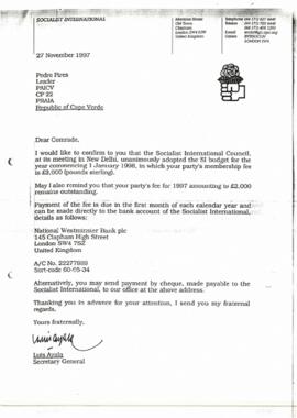 Carta do Secretário Geral da Internacional Socialista, Luís Ayala, ao líder do PAICV, Pedro Pires, sobre o orçamento da IS para o ano 1998