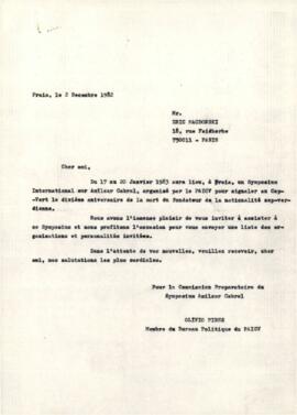 Carta-convite enviado ao camarade Eric Macdonski, por Olívio Pires, membro da Comissão Política do PAICV