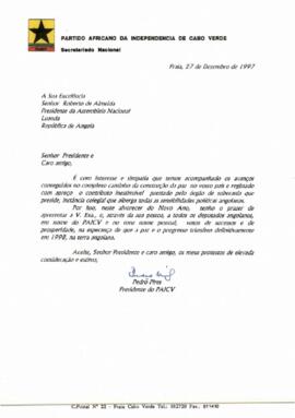Carta do Presidente do PAICV ao Presidente da Assembleia Nacional de Angola, Roberto Almeida