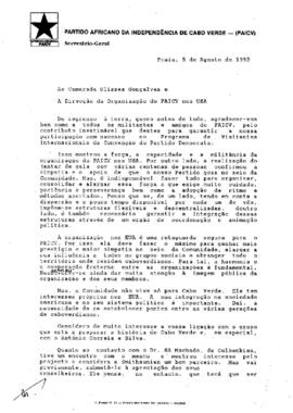Carta do camarada Pedro Pires ao camarada Ulisses Gonçalves e Direção da Organização do PAICV nos EUA