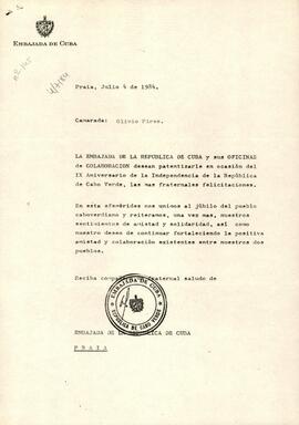 Ofício nº 145, de 4 de julho de 1984, da Embaixada de Cuba ao Camarada Olívio Pires