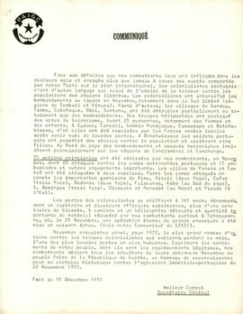 Communiqué du Sécretaire Général du PAIGC, Amílcar Cabral, 15 décembre 1972
