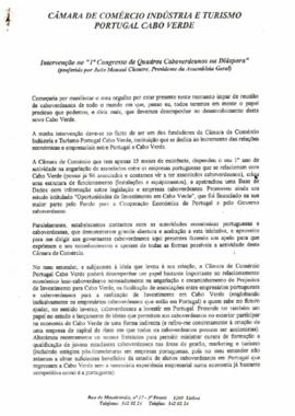 Câmara de Comércio Indústria e Turismo Portugal Cabo Verde: Intervenção no "1º Congresso de Quadros Caboverdianos na Diáspora", por João Manuel Chantre, Presidente da Assembleia Geral