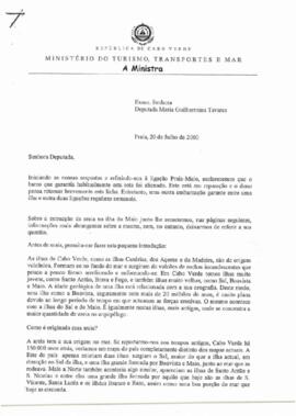 Carta da Ministra do Turismo, Transportes e Mar, Maria Helena Semedo  à deputada Maria Guilhermina Tavares