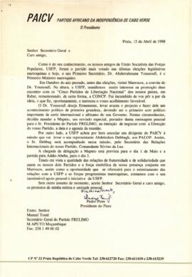 Carta do Presidente do PAICV, Comandante Pedro Pires, ao Secretário-Geral do Partido FRELIMO, Manuel Tomé