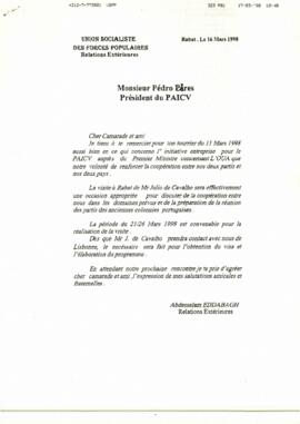 Lettre de Mr. Abdesselam Eddabagh, représentant des Relations Extérieures de l'Union Socialiste des Forces Populaires du Maroc, au Président du PAICV, Mr. Pedro Pires