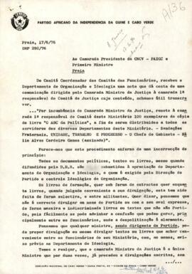 Carta,  Ref. DNP 292/76 , de José luís Fernandes endereçada ao camarada Presidente do CNCV - PAIGC e Primeiro Ministro