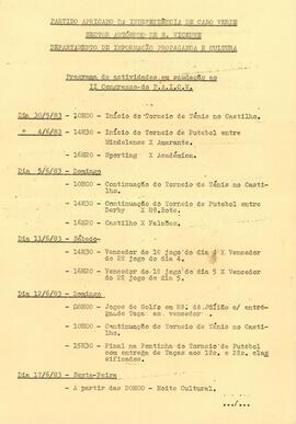 Programa de atividades em saudação ao II Congresso do PAICV