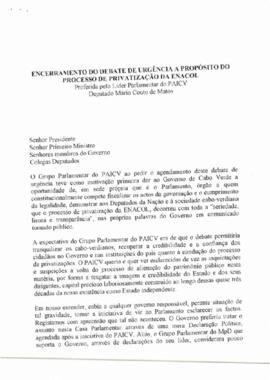 Encerramento do debate de urgência a propósito do processo de privatização da ENACOL, proferido pelo pelo líder Parlamentar do PAICV, deputado Mário Couto de Matos