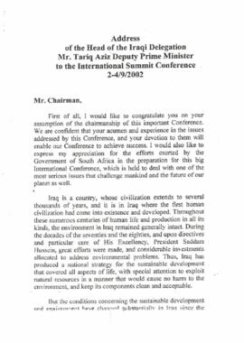 Adress of the Head of the Iraqi Delegation, Mr Tariq Aziz Deputy Prime Minister to the International Summit Conference