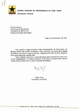 Carta do Presidente do PAICV, Comandante Pedro Pires, ao Presidente de Angola, José Eduardo dos Santos