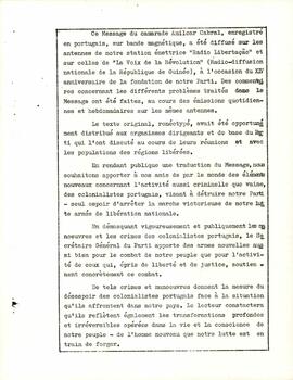 Message du camarade Amílcar Cabral à notre peuple et à nos combatants et militants, à l 'occasion du XIV anniversaire de la fondation du Parti