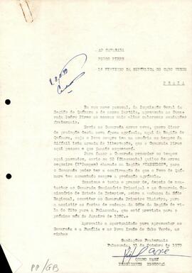Carta do camarada Quemo Mané, Presidente da Região de Quinara ao Primeiro Ministro de Cabo Verde, Pedro Pires