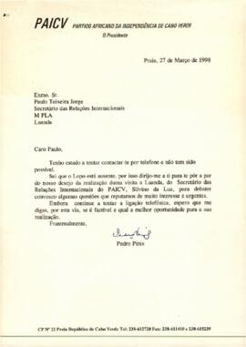 Carta do Presidente do PAICV, Comandante Pedro Pires ao Secretário das Relações Internacionais do MPLA, Senhor Paulo Teixeira Jorge