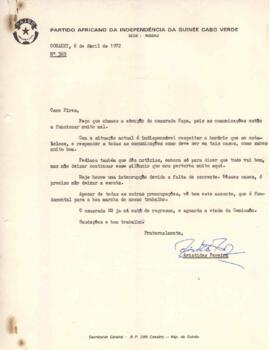 Carta nº 369, de 6 de abril de 1972, de Aristides Pereira dirigida a Pedo Pires sobre o estado das comunicações