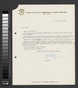Carta datada de 21 de agosto de 1969, assinada por Aristides Pereira e dirigida a Pedro Pires